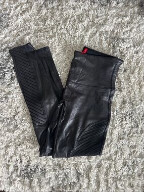 SPANX Black Faux Leather-Look Leggings with Red Brand Tag